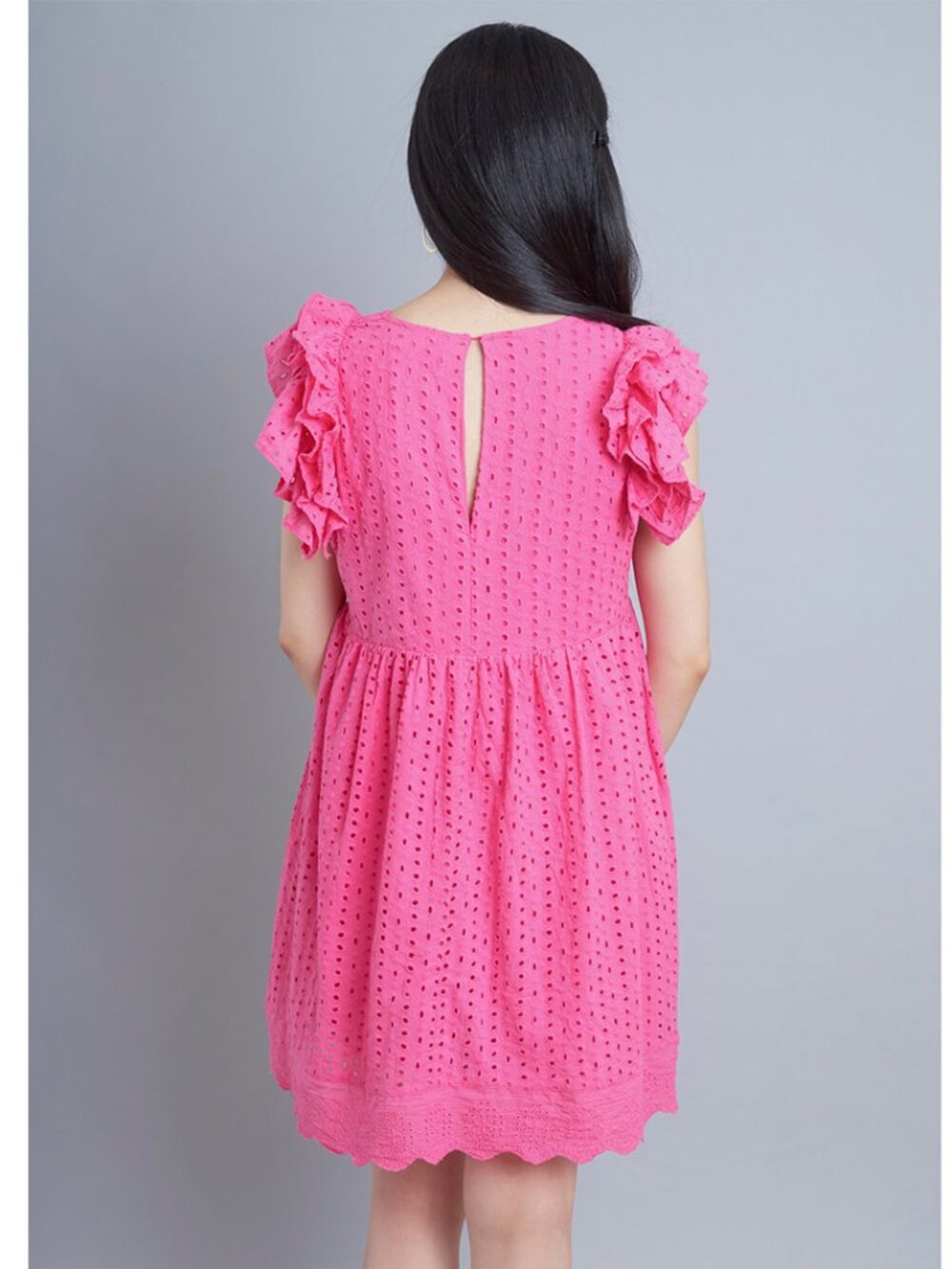 Pink Eyelet Embroidered Babydoll Dress With Built-In Shorts - Picture 4 of 7